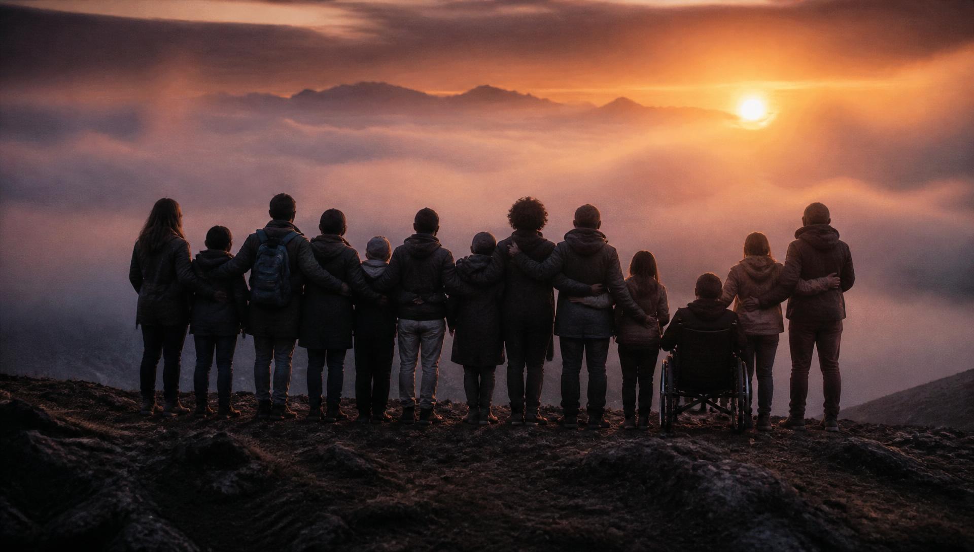 A group standing shoulder to shoulder on a ridge at dawn.